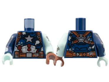 973pb4408c01 - Torso Tattered Captain America Armor Pattern / Light Aqua Arm Left with Splotches Pattern / Dark Blue Arm Right with Torn Sleeve Pattern / Reddish Brown Hand Left / Light Aqua Hand Right