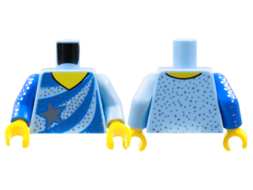973pb4577c01 - Torso Ice Skating Leotard, Blue Stripes, Silver Star and Speckles Pattern / Bright Light Blue Arm Left / Blue Arm with Silver Star Speckles Right / Yellow Hands