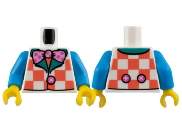 973pb5010c01 - Torso Vest with Coral Checks, Dark Turquoise Lapels, Bright Pink Bow Tie with Dark Pink Polka Dots Pattern (BAM) / Dark Azure Arms / Yellow Hands