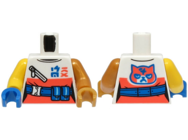 973pb5249c01 - Torso Female Top with Coral Panel and Cat Face, Blue Belt, Ninjago Logogram 'SORA' Pattern (BAM) / Pearl Gold Arm Left / Yellow Arm Right / Pearl Gold Hand Left / Blue Hand Right