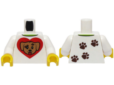 973pb5626c01 - Torso Shirt with Lime Collar, Medium Nougat Dog Head on Red Heart, Dark Brown Paw Prints on Back Pattern (BAM) / White Arms / Yellow Hands