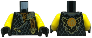 973pb5661c01 - Torso Tunic with Dark Bluish Gray Hems, Gold Trim, Dark Orange Shirt, Ninjago Logogram 'MOE', Letter C on Back Pattern / Yellow Arms / Black Hands
