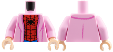973pb6272c01 - Torso Bathrobe with Dark Pink Hem and Creases, Red and Blue Spider-Man Costume, Black Spider and Webbing Pattern / Bright Pink Arms / Light Nougat Hands