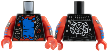 973pb6279c01 - Torso Biker Vest, Silver Trim, Belt Buckle and Safety Pins, Tattered Blue Shirt over Red Chest, Painted White Spider on Back Pattern / Red Arms with Blue Zigzags, Black Cuff with Silver Studs Pattern / Red Hands