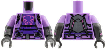 973pb6280c01 - Torso Jacket, Black Straps, Dark Purple Shirt, Dark Pink Cat Skull Outline, Dark Silver Belt Buckle and Panel on Back Pattern / Pearl Dark Gray Arms with Molded Lavender Short Sleeves and Printed Dark Silver Web Slingers Pattern / Pearl Dark Gray Hands