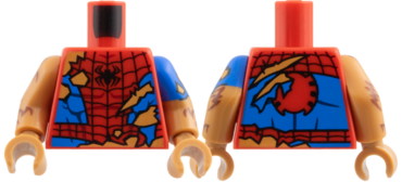 973pb6281c01 - Torso Spider-Man Costume Tattered, Black Spider and Webbing, Blue Side Panels, Medium Nougat Fur Behind Rips and Tears Pattern / Medium Nougat Arm with Molded Blue Short Sleeve and Printed Tear and Reddish Brown Fur Pattern Left / Medium Nougat Arm with Reddish Brown Fur Pattern Right / Medium Nougat Hands