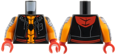 973pb6284c01 - Torso Hoodie Vest with Pocket and Drawstrings, Red Trim and Hood, Orange Shirt, Black Spider and Webbing Pattern / Orange Arms with Dark Bluish Gray Armor and Black Webbing Pattern / Red Hands