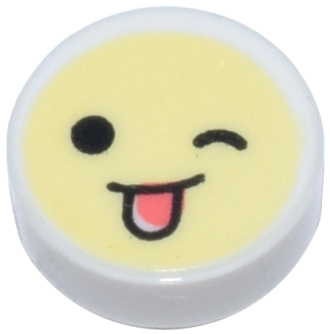 98138pb129 - Tile, Round 1 x 1 with Emoji, Bright Light Yellow Face, Black Eyes, Wink, and Coral Tongue Sticking Out Pattern