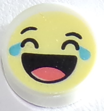 98138pb130 - Tile, Round 1 x 1 with Emoji, Bright Light Yellow Face, Laughing, Medium Azure Tears, and Open Mouth with Coral Tongue Pattern