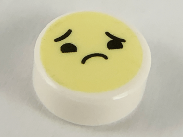 98138pb137 - Tile, Round 1 x 1 with Emoji, Bright Light Yellow Face, Worried with Raised Right Eyebrow Pattern