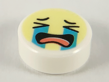 98138pb138 - Tile, Round 1 x 1 with Emoji, Bright Light Yellow Face, Crying Medium Azure Tear Streams, Open Mouth with Coral Tongue Pattern