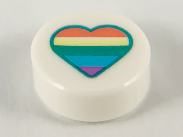 98138pb139 - Tile, Round 1 x 1 with Heart with Pastel Rainbow Stripes Pattern