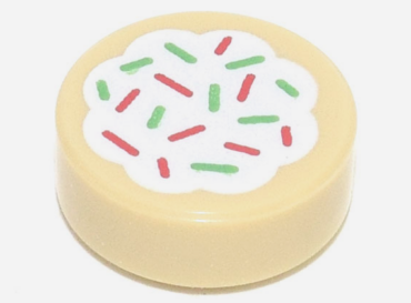 98138pb256 - Tile, Round 1 x 1 with Cookie with White Frosting and Red and Green Sprinkles Pattern
