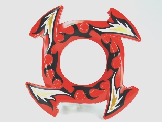 98341pb02 - Ring 4 x 4 with 2 x 2 Hole and 4 Arrow Ends with Black, Gold and White Flames Pattern (Ninjago Spinner Crown)