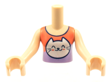 FTGpb306c01 - Torso Mini Doll Girl Coral and Lavender Top, White Kitty Cat Head Pattern, Light Nougat Arms with Hands