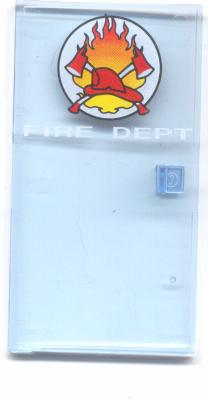bb0003pb01 - Door 1 x 4 1/2 x 6 with White 'FIRE DEPT' and Circle Symbol with Fire, Crossed Axes, and Red Helmet Pattern