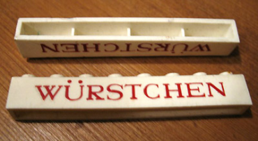 crssprt01pb016 - Brick 1 x 8 without Bottom Tubes with Cross Side Supports with Red 'WÜRSTCHEN' Thin Pattern ('WURSTCHEN')