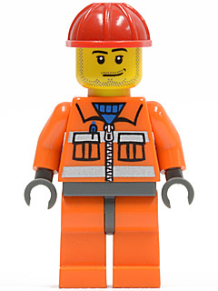 cty0397 - Construction Worker - Orange Zipper, Safety Stripes, Orange Arms, Orange Legs, Dark Bluish Gray Hips, Red Construction Helmet, Smirk and Stubble Beard