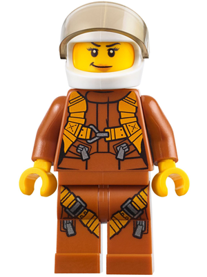 cty0794 - City Jungle Helicopter Pilot Female - Dark Orange Jumpsuit, Dark Orange Legs with Straps, White Helmet, Trans-Brown Visor, Peach Lips