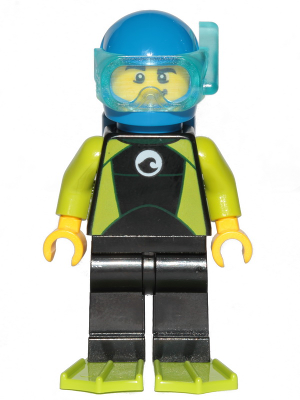 cty1062 - Diver - Male, Black Wetsuit with White Logo and Lime Trim and Flippers, Blue Helmet and Air Tanks
