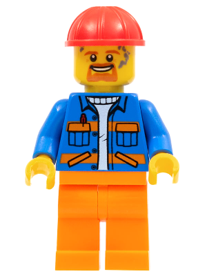 cty1161 - Blue Jacket with Diagonal Lower Pockets and Orange Stripes, Orange Legs, Red Construction Helmet