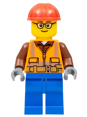 cty1162 - Construction Worker - Male, Orange Safety Vest, Reflective Stripes, Reddish Brown Shirt, Blue Legs, Red Construction Helmet, Glasses