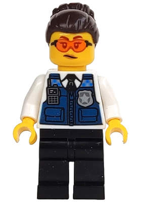 cty1365 - Police - Officer Gracie Goodhart, Dark Blue Vest, Black Legs, Dark Brown Hair with Bun, Safety Glasses