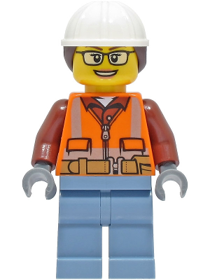 cty1405 - Construction Worker - Female, Orange Safety Vest, Reflective Stripes, Reddish Brown Shirt, Sand Blue Legs, White Construction Helmet with Dark Brown Ponytail Hair, Glasses