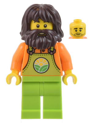 cty1442 - Farmer - Male, Lime Overalls over Orange Shirt, Lime Legs, Dark Brown Shaggy Hair and Beard
