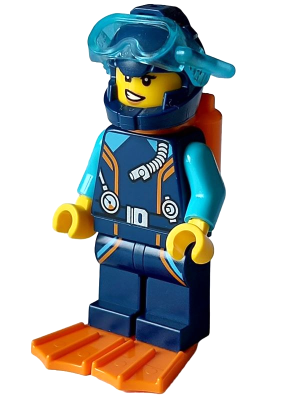 cty1640 - Arctic Explorer Diver - Female, Dark Blue Diving Suit and Helmet, Orange Air Tanks and Flippers, Trans-Light Blue Diver Mask
