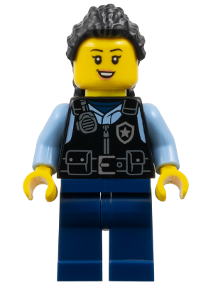 cty1703 - Police - City Officer Female, Black Safety Vest with Silver Star Badge Logo, Dark Blue Legs, Black Hair Long with Braided Ponytail