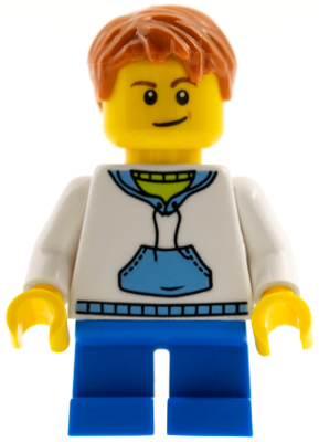 hol037a - Child - Boy, White Hoodie with Medium Blue Pocket, Blue Short Legs, Dark Orange Hair, Medium Nougat Dimple