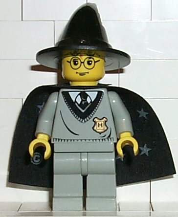hp035 - Harry Potter - Hogwarts Torso, Light Gray Legs, Black Wizard / Witch Hat, Black Cape with Stars