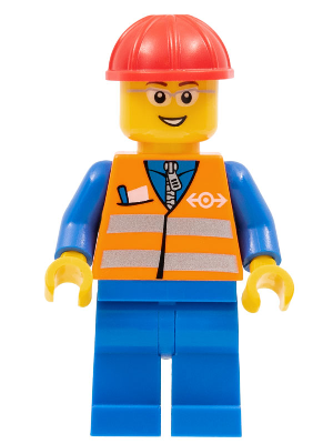 trn226 - Orange Vest with Safety Stripes - Blue Legs, Gray Frame Glasses, Red Construction Helmet