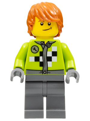 twn184 - Lime Jacket with Wrench and Black and White Checkered Pattern, Dark Bluish Gray Legs, Dark Orange Hair, Crooked Smile