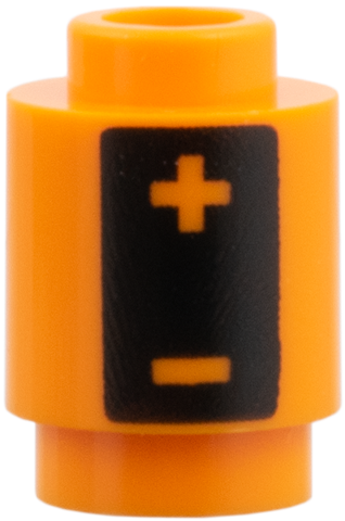 3062pb090 - Brick, Round 1 x 1 with + and - in Black Panel, Battery Pattern