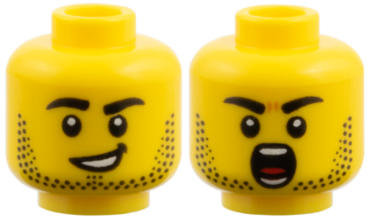 3626pb4140 - Minifigure, Head Dual Sided, Black Eyebrows and Stubble / Lopsided Smile / Shouting Pattern