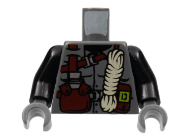 973pb0177c01 - Torso Dino Vest with Dark Red Harness, Canteen, White Rope Pattern / Black Arms / Dark Bluish Gray Hands
