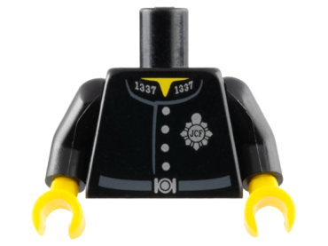 973pb1511c01 - Torso Police Uniform Jacket with Silver '1337' on Collar, Badge with 'JCF', and Buttons, Dark Bluish Gray Belt with Buckle, Yellow Neck Pattern / Black Arms / Yellow Hands