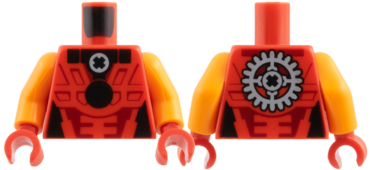 973pb6595c01 - Torso Black Collar, Circle, X in Light Bluish Gray Circle, Dark Red Panel Lines, Gear on Back Pattern / Orange Arms / Red Hands