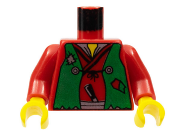 973px14c01 - Torso Castle Ninja Vest Green Tattered Pattern (Robber) / Red Arms / Yellow Hands