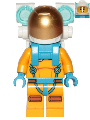 cty1436 - Lunar Research Astronaut - Female, Bright Light Orange and Dark Azure Suit, White Helmet, Metallic Gold Visor, Backpack Lights