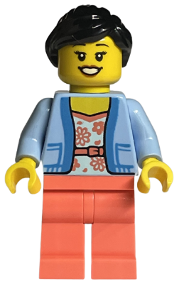 tls111 - LEGO Store Customer - Female, Bright Light Blue Jacket over White Shirt with Coral Flowers, Coral Legs, Black Ponytail