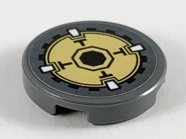 14769pb304 - Tile, Round 2 x 2 with Bottom Stud Holder with Gold Gear with Black Octagon Pattern (Sticker) - Set 77102