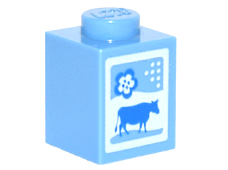 3005pb016 - Brick 1 x 1 with Blue Cow and Flower on White Background Pattern (Milk Carton)