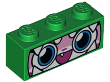 3622pb078 - Brick 1 x 3 with Cat Face Wide Eyes, Smiling Open Mouth with One Tooth, Green Dinosaur Mask with White Teeth Pattern (Dinosaur Unikitty)