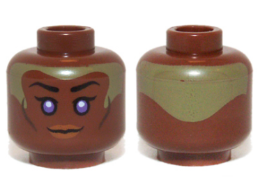3626pb0980 - Minifigure, Head Female with Violet Eyes, Brown Lips and Pale Green Head Paint Pattern (SW Stass Allie)