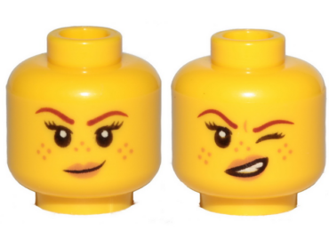 3626pb2145 - Minifigure, Head Dual Sided Female Reddish Brown Eyebrows, Nougat Freckles and Lips, Small Smirk / Left Eye Squinted Pattern