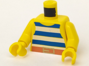 973p32c01 - Torso Pirate Tank Top with Blue and White Horizontal Stripes, Dark Orange Belt with Gold Buckle Pattern / Yellow Arms / Yellow Hands