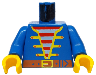 973p34c01 - Torso Pirate Jacket Open with Yellow Trim over Shirt with Red and White Horizontal Stripes, Dark Orange Belt with Buckle Pattern / Blue Arms / Yellow Hands